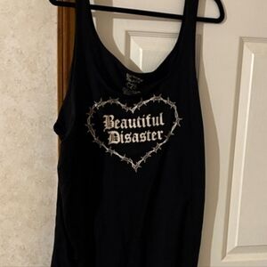 Black Beautiful Disaster Tank Top with Heart Graphic. Runs big like a 3X.